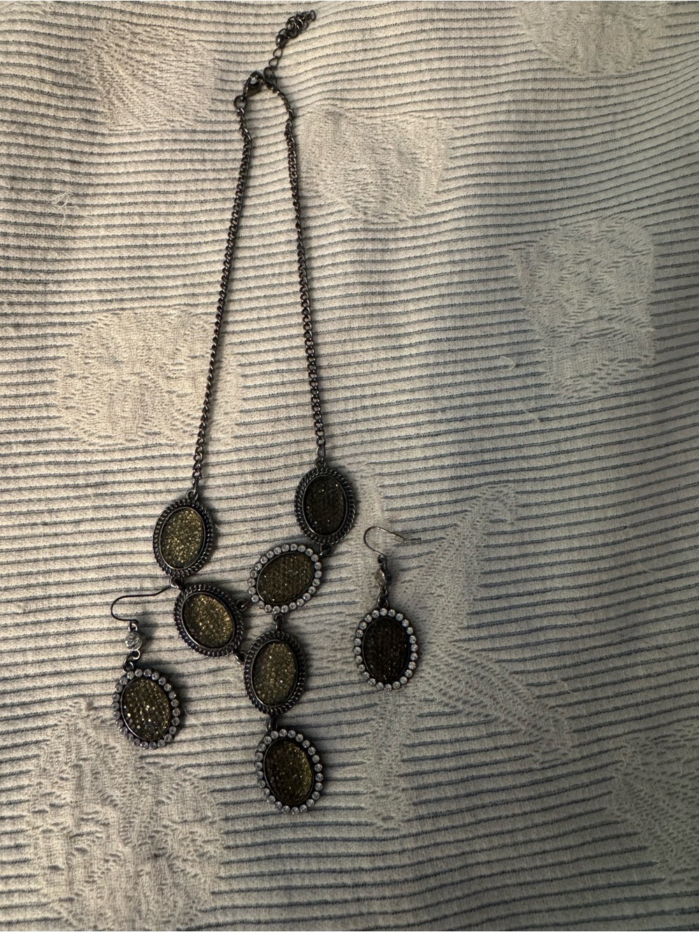Gunmetal Oval Pendant Necklace and Earring Set with Crystal Accents